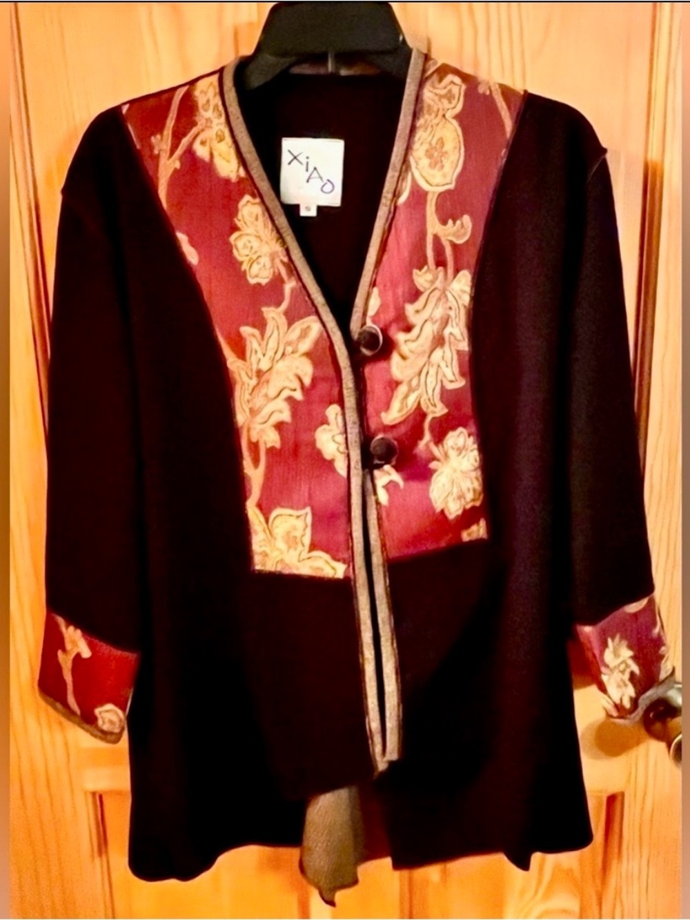 Xiao Vintage 90s Tapestry Jacket Small Black Burgundy Floral Art Wear Boho Tunic